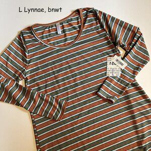 Large Lularoe Lynnae long-sleeved top, light blue with red & royal blue stripes